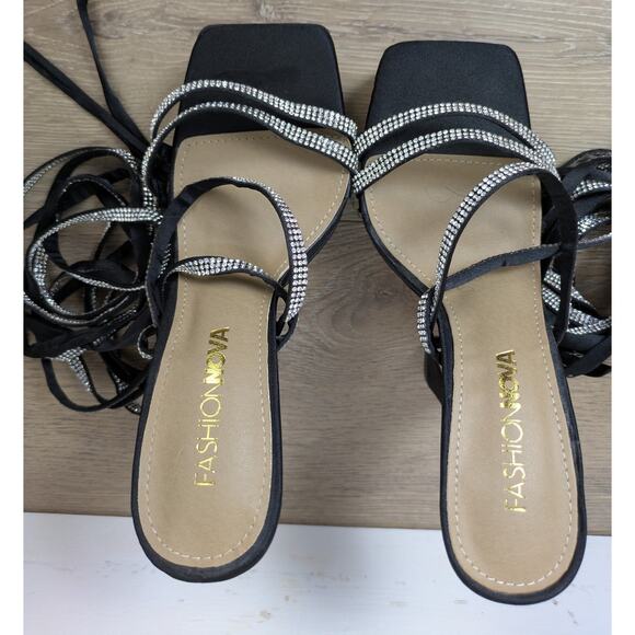 Fashion Nova Heels Sandals 6 Black Rhinestone Platform Wrap Strappy Party Club - Picture 7 of 12